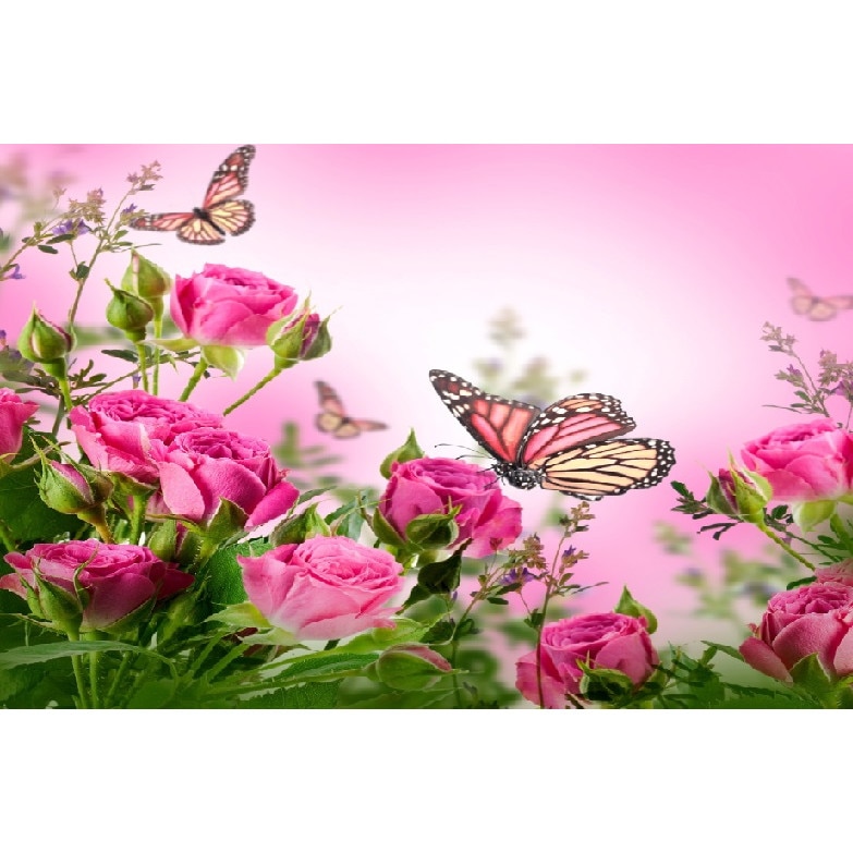 Tablou canvas Fluturi si trandafiri roz (105 x 70 cm)
