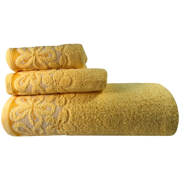 Комплект хавлиени кърпи Cattleya Home Цветя, Жълти, 3 броя, Микропамук, 30х50; 45х80; 70х140 см