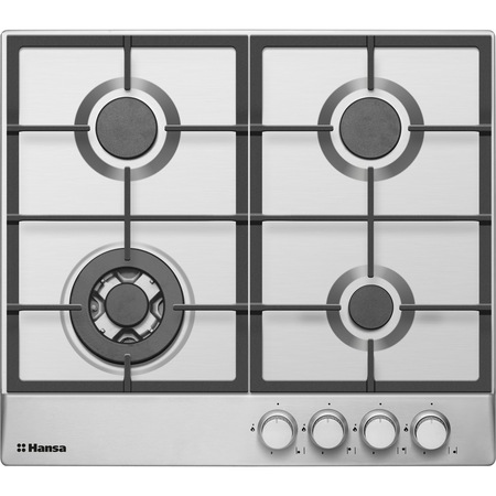 Plita incorporabila Hansa BHGI61159, Gaz, 4 Arzatoare, Aprindere electrica, Arzator Wok, Gratare fonta, Inox