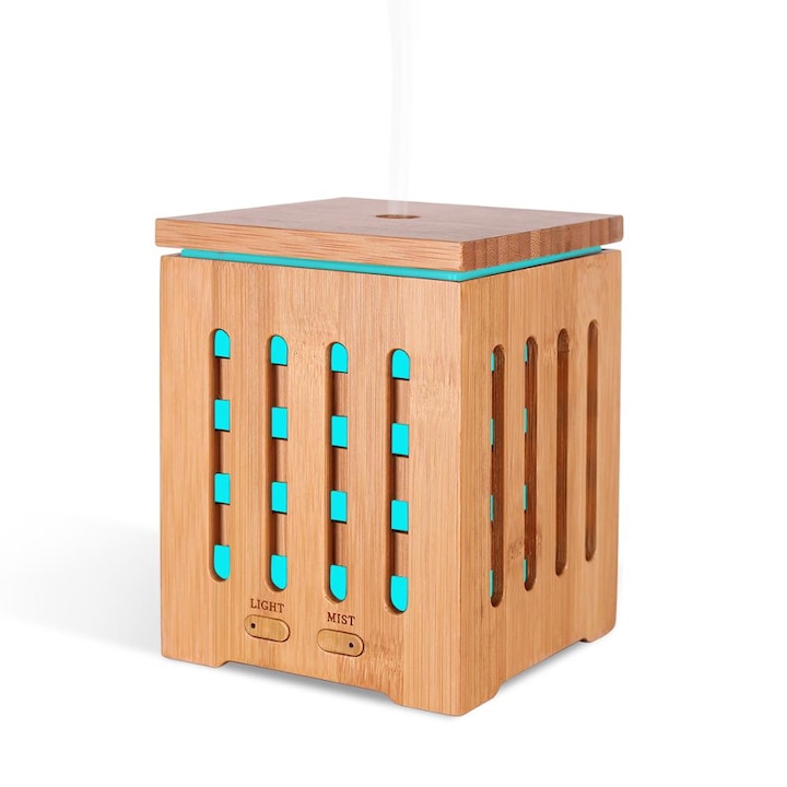Difuzor aromatherapy programabil prin telecomanda, 7 culori LED, capacitate 500 ml, Alb/Stejar deschis