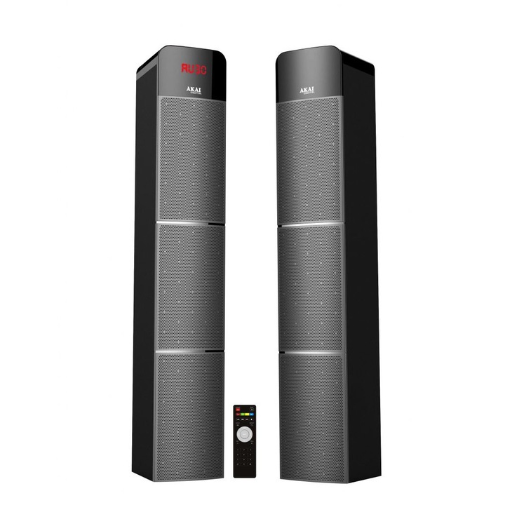 Boxe Portabile Audio Akai STAR Tower , Conectivitate prin Functia Bluetooth , Putere 2x 50W , Culoare Negru / Gri , Frecventa 40 - 20.000 KHz , Impedanta 8 ohmi