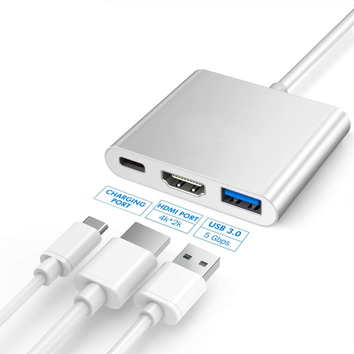 Адаптер TechDelivery TD-UBC20S Silver, Multiport Hub 3in1, USB Type-C към HDMI 4K, USB, USB-C, PD 60W зареждане, Thunderbolt 3
