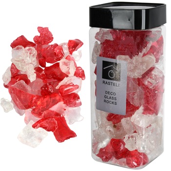 Cristale mari de sticla, pietre ornamentale din sticla, pietre decor, Rasteli, 750 g, alb-rosu, art. 5347 Cristale mari de sticla, pietre ornamentale din sticla, pietre decor, Rasteli, 750 g, alb-rosu, art. 5347