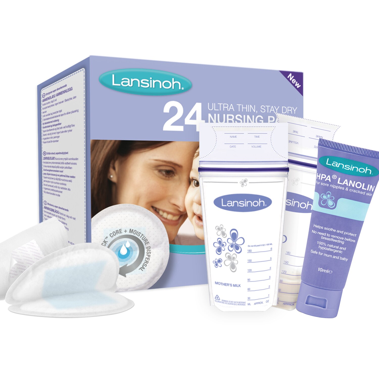 Pachet Tampoane san x 24 buc + Crema pentru mameloane HPA Lanolin 10ml + Pungi de stocare x25 buc