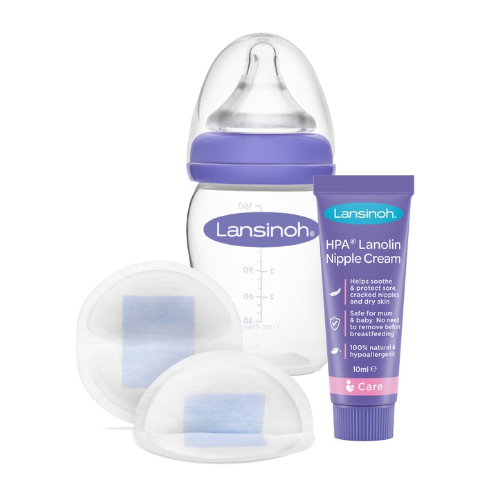 Pachet Tampoane san x 24buc + Crema pentru mameloane HPA Lanolin 10ml + Biberon 160ml Lansinoh