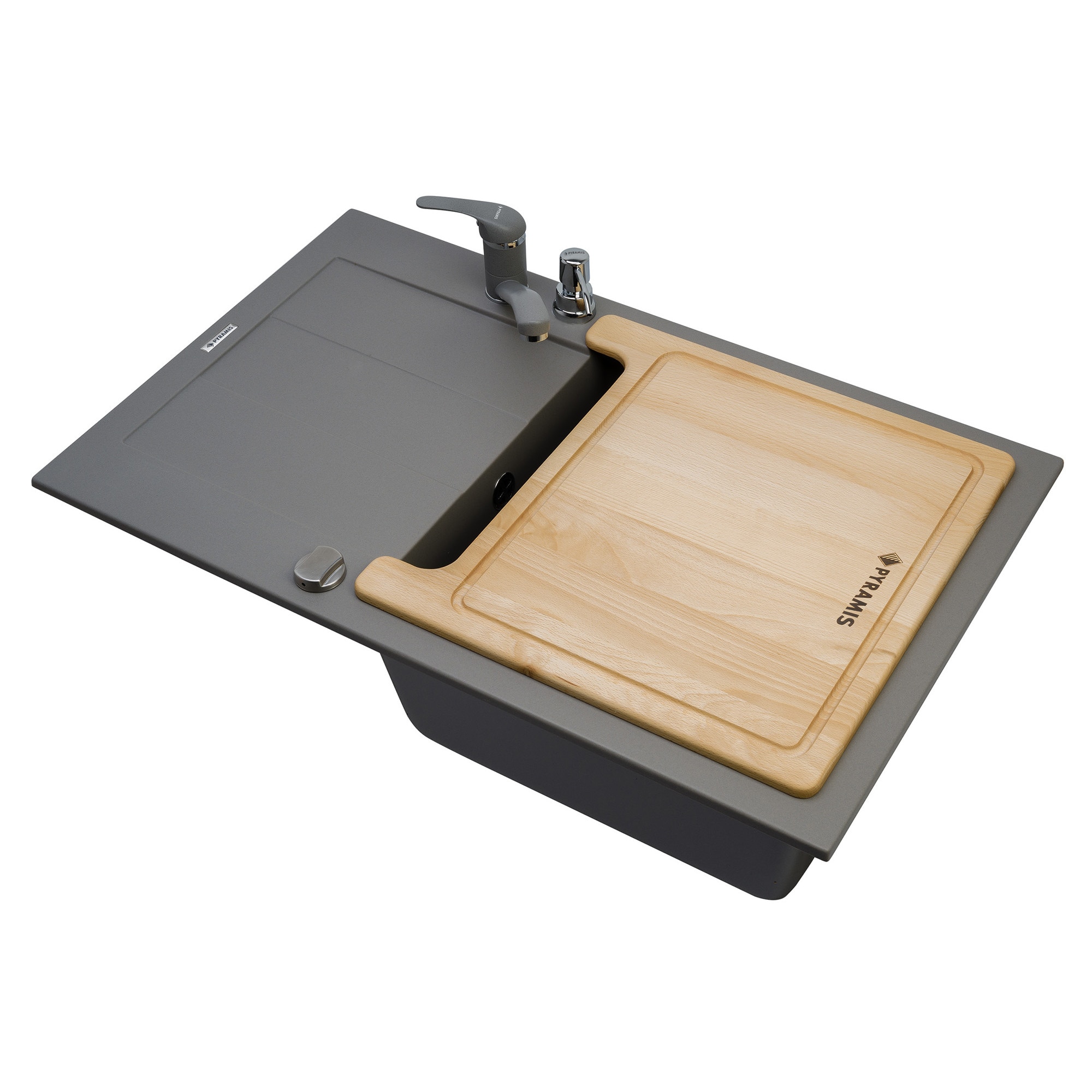 Pachet 4in1 chiuveta granit Pyramis Cristal Complete Plus + Baterie + Dozator detergent lichid + Tocator, adancime 190mm, montare pe blat, cuva dreapta, Gri