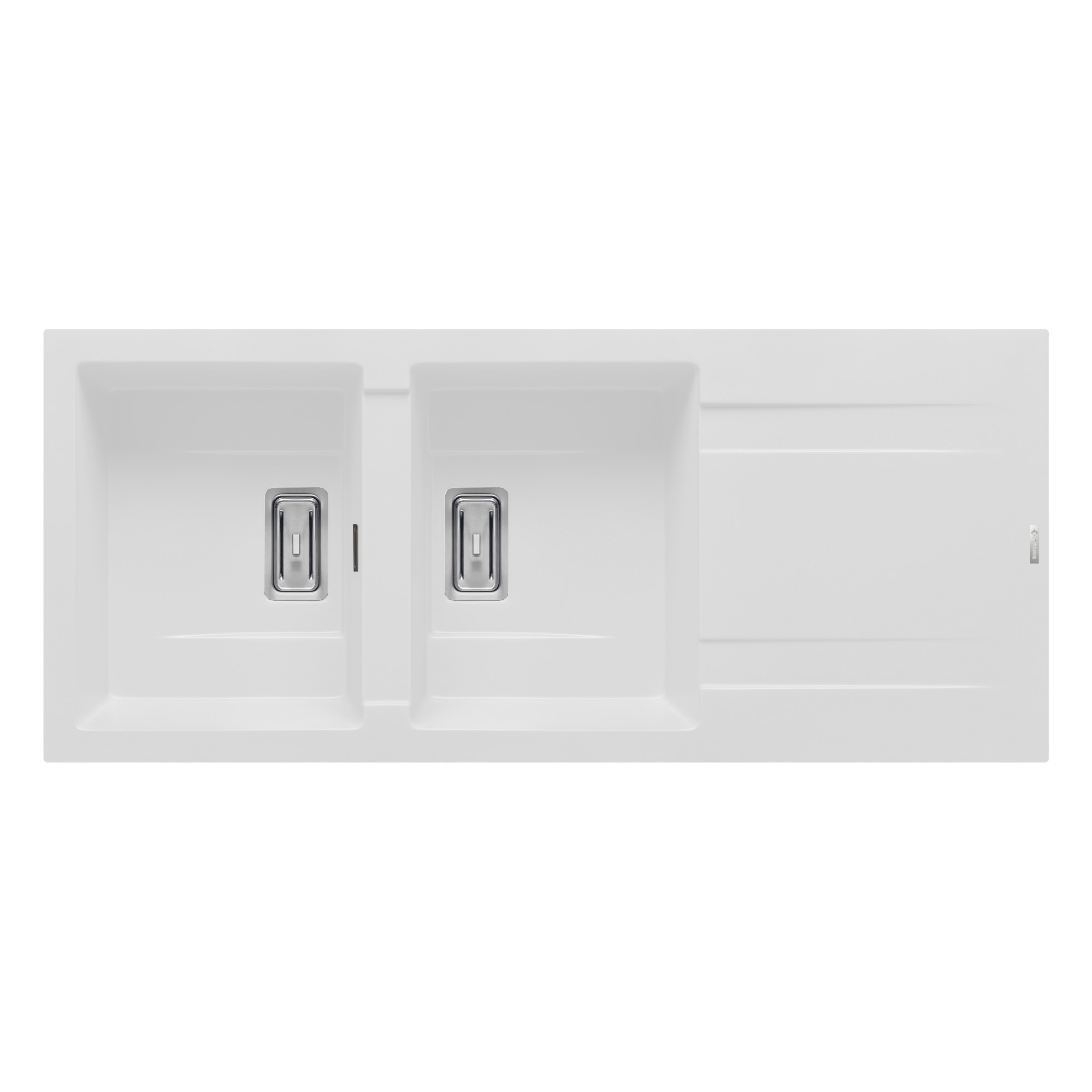 Chiuveta granit Pyramis KARTESIO 1160x500, 2 cuve si 1 picurator, adancime 200mm, reversibila, valva dreptunghiulara, finisaj pyragranite snow