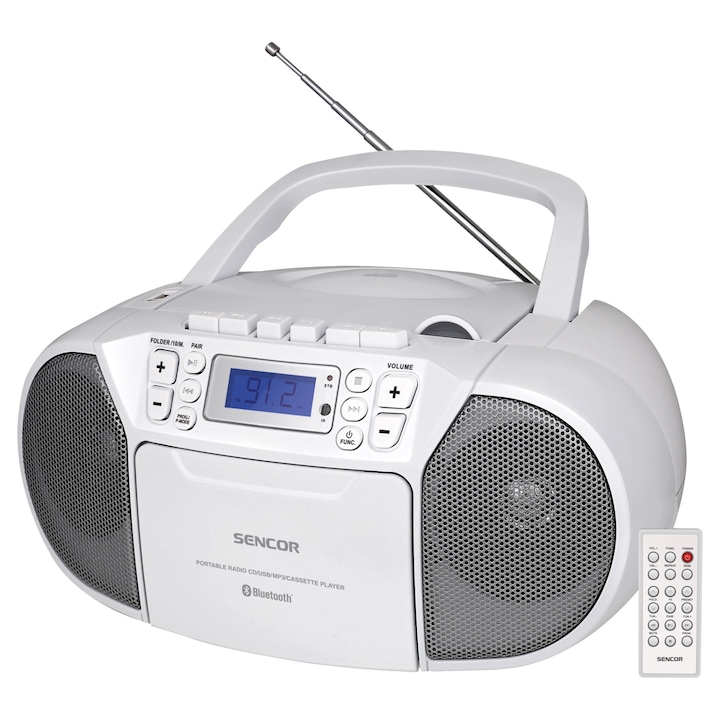 Sencor SPT 3907 W hordozható CD-s rádió, Bluetooth, MP3, USB/AUX, Fehér