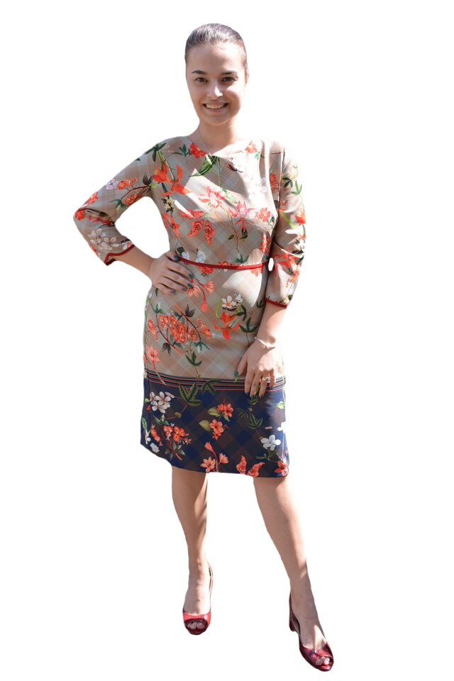 Rochie eleganta, imprimeu cu flori corai, D&J Exclussive, crem, Crem