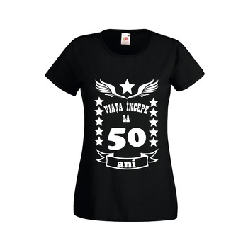 Tricou personalizat dama Fruit of the loom Viata incepe la 50 ani, negru, 2XL Tricou personalizat dama Fruit of the loom Viata incepe la 50 ani, negru, 2XL
