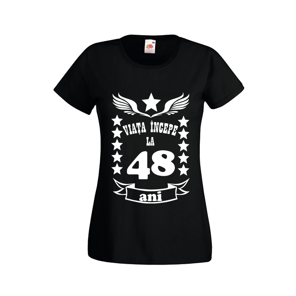 Tricou personalizat dama Fruit of the loom Viata incepe la 48 ani, negru, L