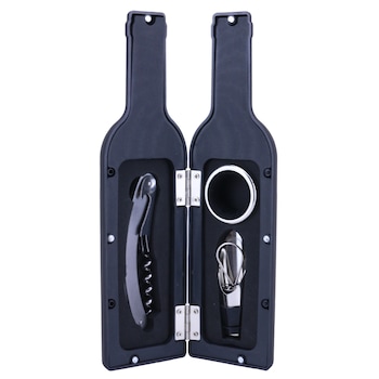 Set Cutie in forma de sticla de vin cu accesorii, Dop picurare, Tirbuson, Inel antipicurare, Liliac, Argintiu/ Negru 24 cm Set Cutie in forma de sticla de vin cu accesorii, Dop picurare, Tirbuson, Inel antipicurare, Liliac, Argintiu/ Negru 24 cm