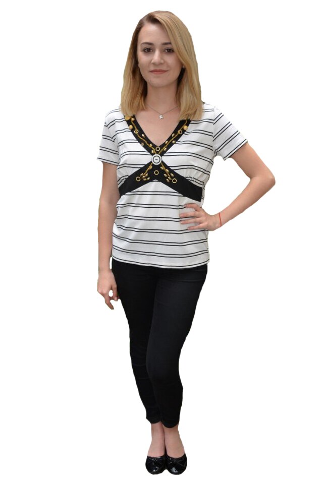 Tricou casual Zendaya ,design cu dungi negre, D&J Exclussive, Alb