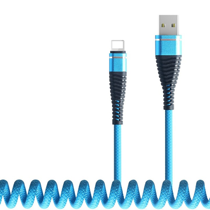 Cablu de incarcare/transfer date spiralat Lightning high quality Bibilel pentru iPhone, iPod, iPad, lungime 1.2 metri, Albastru, BBL920
