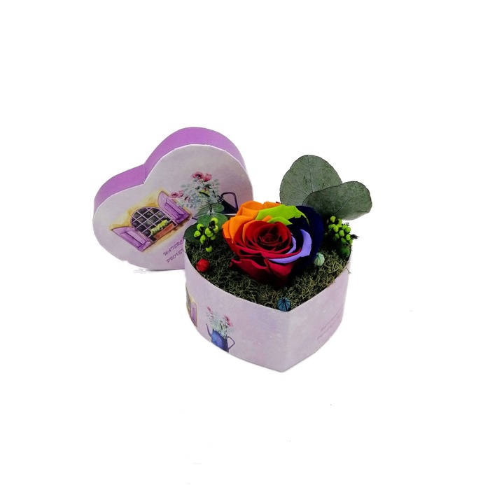 Trandafir Criogenat, multicolor, pe pat de muschi stabilizat, intr-o cutie in forma de inima