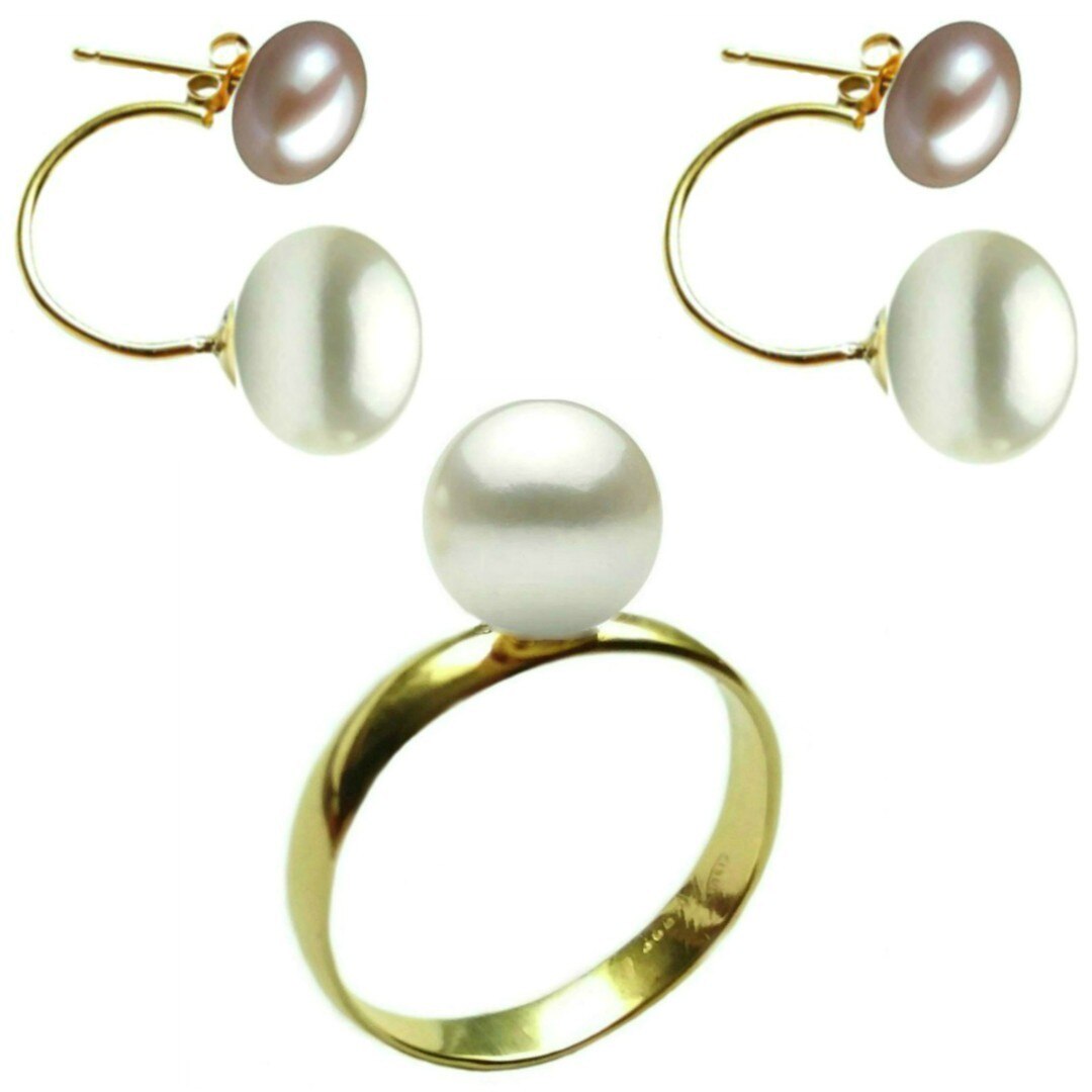 Set de Aur, Cercei Dubli Perle Buton si Inel cu Buton Perla Naturala Premium Alba de 10 mm, marimea 17,3 mm