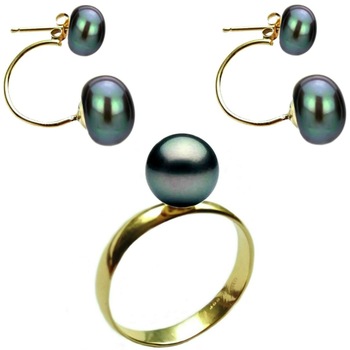 Set de Aur, Cercei Dubli Perle Buton si Inel cu Perla Naturala Premium Neagra de 10 mm, marimea 16,5 mm Set de Aur, Cercei Dubli Perle Buton si Inel cu Perla Naturala Premium Neagra de 10 mm, marimea 16,5 mm