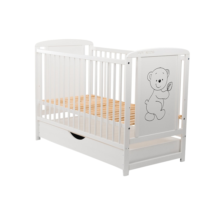 Детско креватче BabyNeeds Timmi, Дървено, С чекмедже, 120x60 см, Бяло