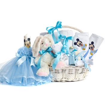 Cos cadou Botez Baby Boy, Lumanare si Trusou Botez, cadou Botez, 11 Piese Cos cadou Botez Baby Boy, Lumanare si Trusou Botez, cadou Botez, 11 Piese