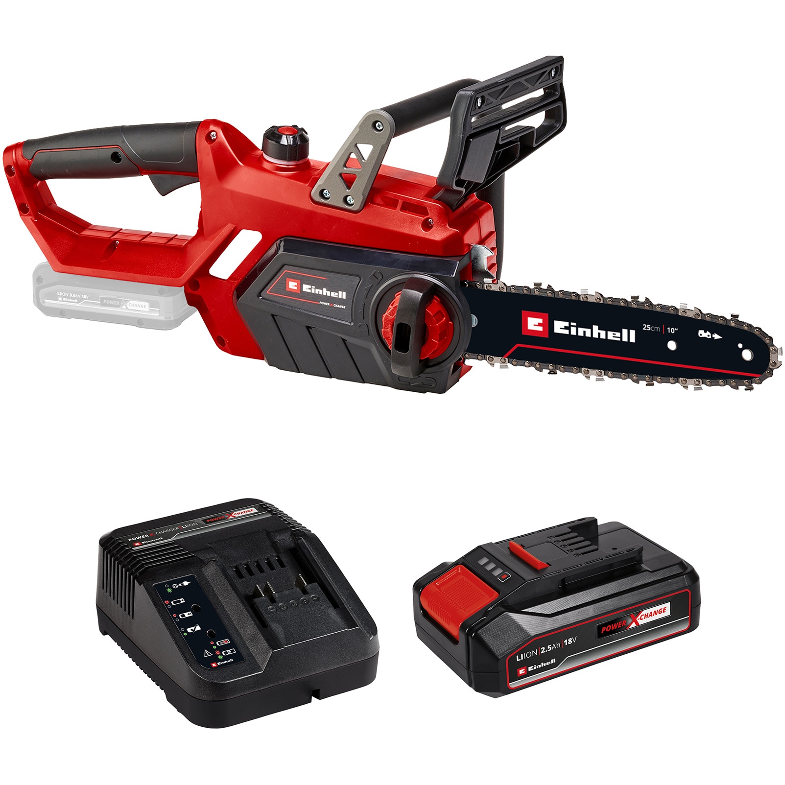Drujba (fierastrau electric) cu lant pe acumulator Einhell PXC GE-LC 18 Li Solo, 18 V, lama Oregon 25 cm + Starter Kit PXC: acumulator 18V, 2.5Ah, max 720W, incarcator