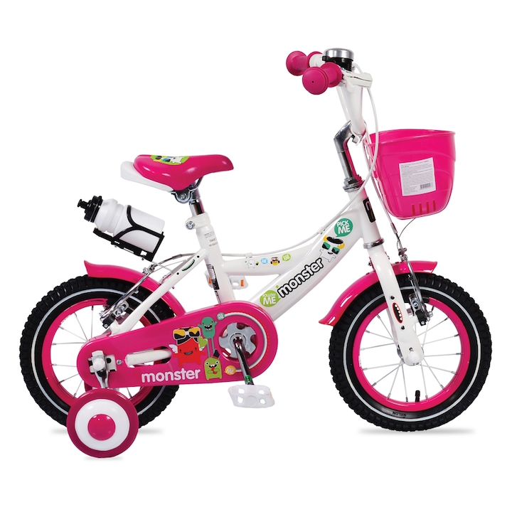 Moni Little Monster Lány kerékpár, Kiegészítő kerekekkel, 12 hüvelykes, Kosárral, Rózsaszín