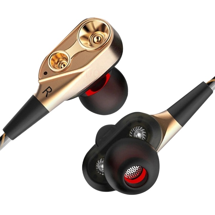 Casti stereo aurite cu microfon si control volum, Fangtuosi Earbuds, cablu flexibil, jack smartphone telefon tableta - model gold