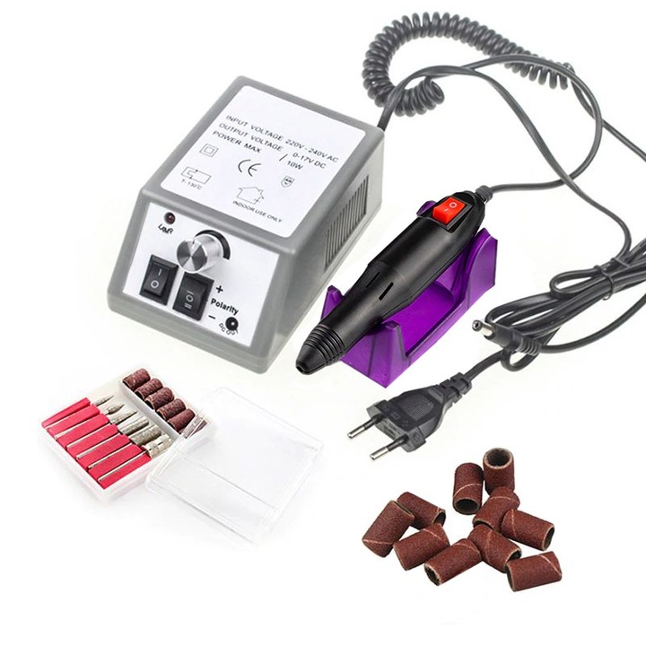 Електрическа пила за маникюр/педикюр, ProCart, мощност 10W, 6 глави, 14000 завъртания, 10 шлифовъчни аксесоара, ел. захранване