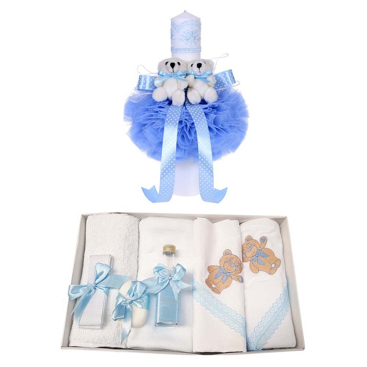 Set botez ursuleti cu trusou si lumanare pentru baietel Erfi® 54