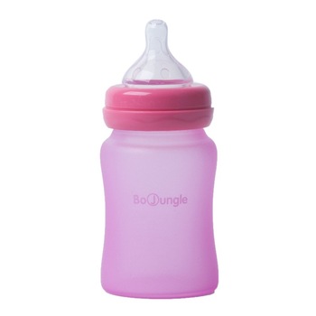 Biberon sticla Bo Jungle, cu protectie din silicon si indicator de temperatura, 150 ml, Roz Biberon sticla Bo Jungle, cu protectie din silicon si indicator de temperatura, 150 ml, Roz