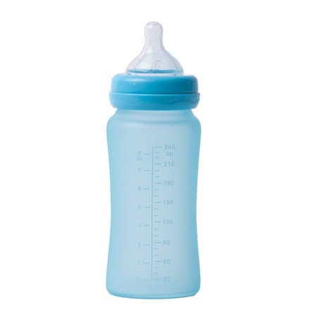 Biberon sticla Bo Jungle, cu protectie din silicon si indicator de temperatura, 240 ml, Albastru