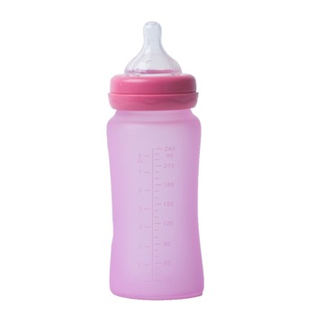 Biberon sticla Bo Jungle, cu protectie din silicon si indicator de temperatura, 240 ml, Roz Biberon sticla Bo Jungle, cu protectie din silicon si indicator de temperatura, 240 ml, Roz
