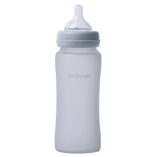 Biberon sticla Bo Jungle, cu protectie din silicon si indicator de temperatura, 300 ml, Gri