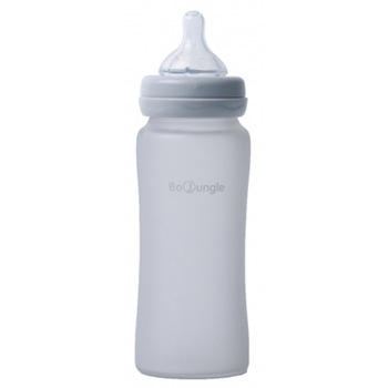 Biberon sticla Bo Jungle, cu protectie din silicon si indicator de temperatura, 300 ml, Gri Biberon sticla Bo Jungle, cu protectie din silicon si indicator de temperatura, 300 ml, Gri