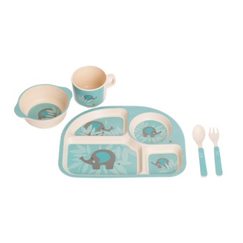 Set de masa Bo Jungle, din fibra de porumb, Elefant/Albastru Set de masa Bo Jungle, din fibra de porumb, Elefant/Albastru