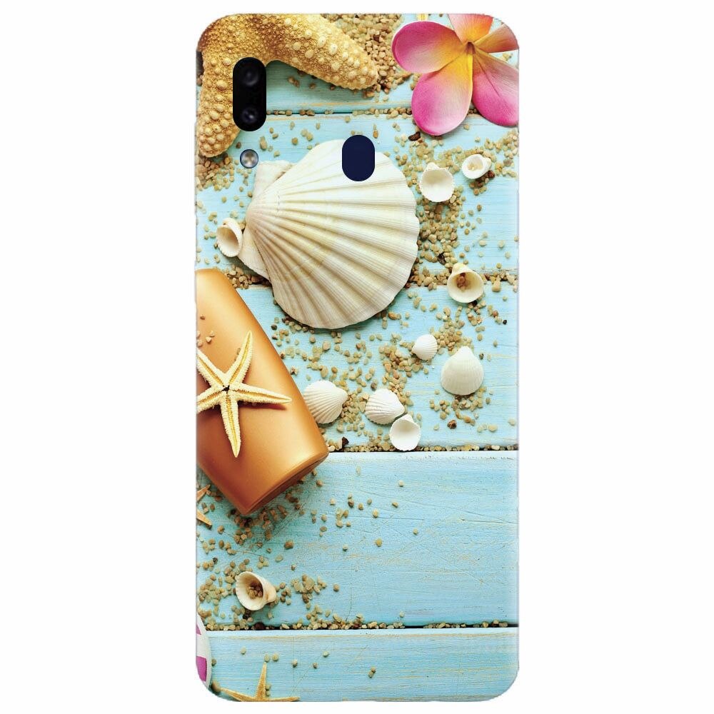 Husa silicon pentru Samsung Galaxy M20, Blue Wood Seashells Sea Star