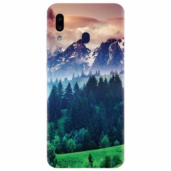 Husa silicon pentru Samsung Galaxy A20e, Forest Hills Snowy Mountains And Sunset Clouds Husa silicon pentru Samsung Galaxy A20e, Forest Hills Snowy Mountains And Sunset Clouds