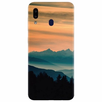 Husa silicon pentru Samsung Galaxy A20, Blue Mountains Orange Clouds Sunset Landscape Husa silicon pentru Samsung Galaxy A20, Blue Mountains Orange Clouds Sunset Landscape