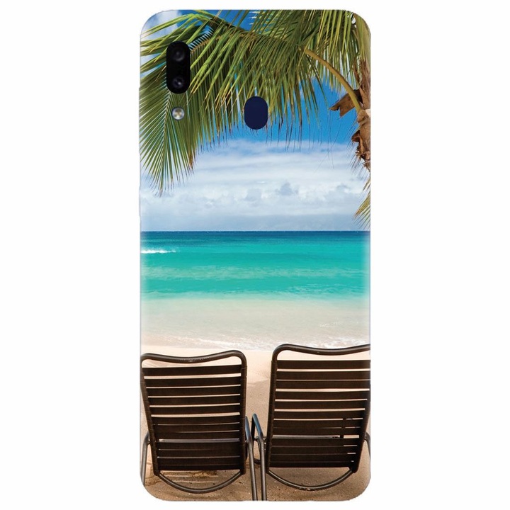 Силиконов калъф за Samsung Galaxy A20, Beach Chairs Palm Tree Seaside