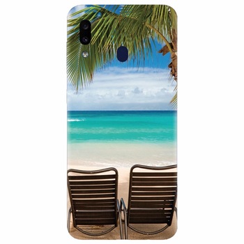 Husa silicon pentru Samsung Galaxy A20e, Beach Chairs Palm Tree Seaside Husa silicon pentru Samsung Galaxy A20e, Beach Chairs Palm Tree Seaside