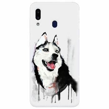 Husa silicon pentru Samsung Galaxy A20e, Husky Dog Watercolor Illustration Husa silicon pentru Samsung Galaxy A20e, Husky Dog Watercolor Illustration