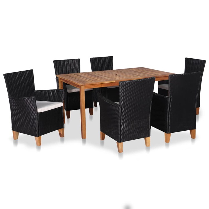Set mobilier de exterior vidaXL, 7 piese, negru si maro, poliratan, 69.5 kg