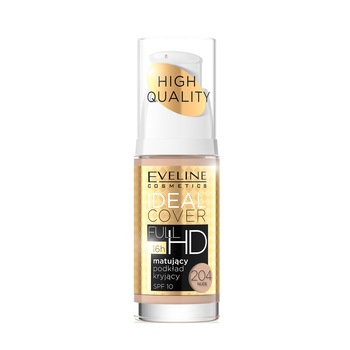 Fond de ten, Eveline Cosmetics, High Quality, Ideal Cover FULL HD 16h, SPF 10, 204 Nude, 30 ml Fond de ten, Eveline Cosmetics, High Quality, Ideal Cover FULL HD 16h, SPF 10, 204 Nude, 30 ml