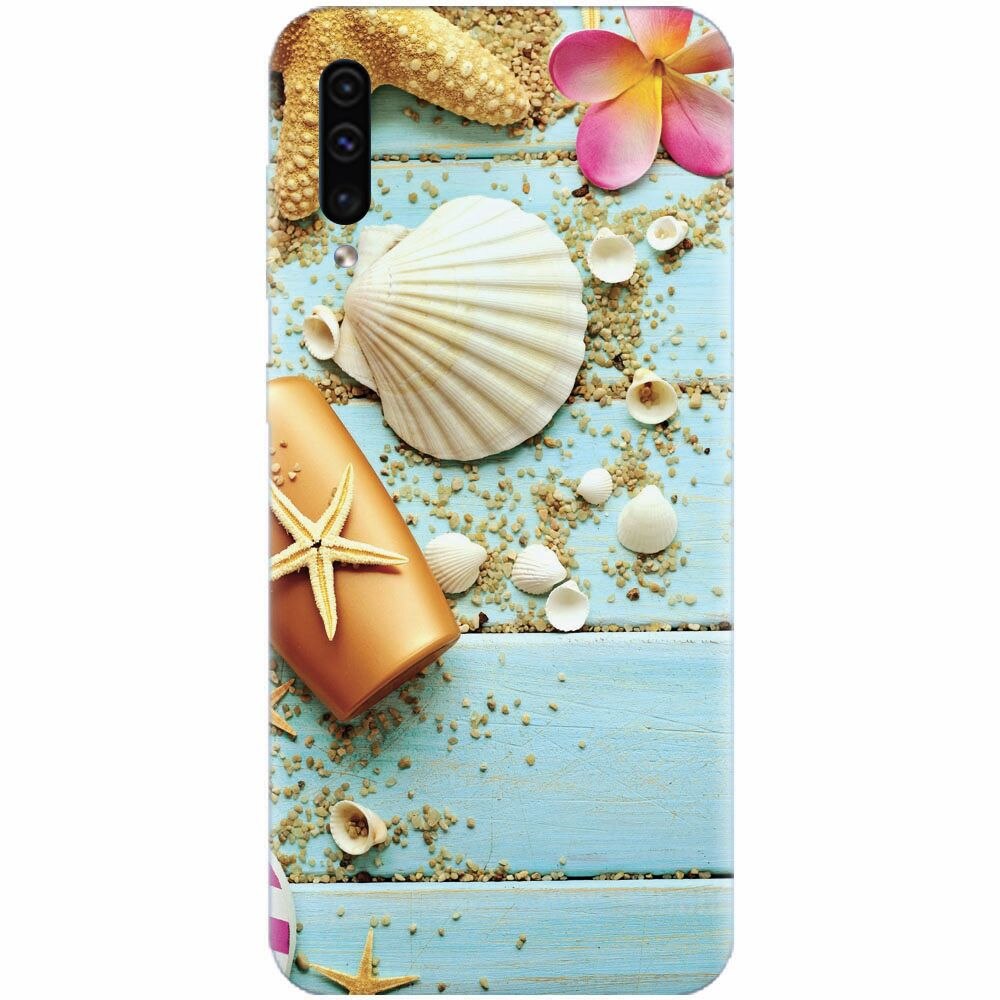 Husa silicon pentru Samsung Galaxy A70, Blue Wood Seashells Sea Star