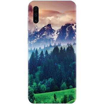 Husa silicon pentru Samsung Galaxy A50, Forest Hills Snowy Mountains And Sunset Clouds Husa silicon pentru Samsung Galaxy A50, Forest Hills Snowy Mountains And Sunset Clouds