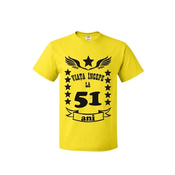 Tricou barbat imprimeu Fruit of the loom Viata incepe la 51 ani, galben, 2XL Tricou barbat imprimeu Fruit of the loom Viata incepe la 51 ani, galben, 2XL