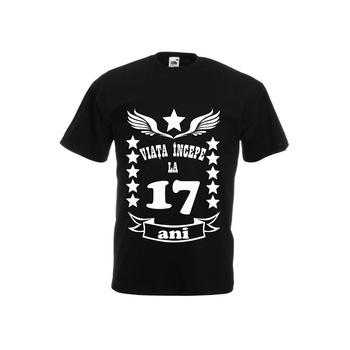 Tricou barbat imprimeu Fruit of the loom aniversare Viata incepe la 17 ani ,negru, M Tricou barbat imprimeu Fruit of the loom aniversare Viata incepe la 17 ani ,negru, M