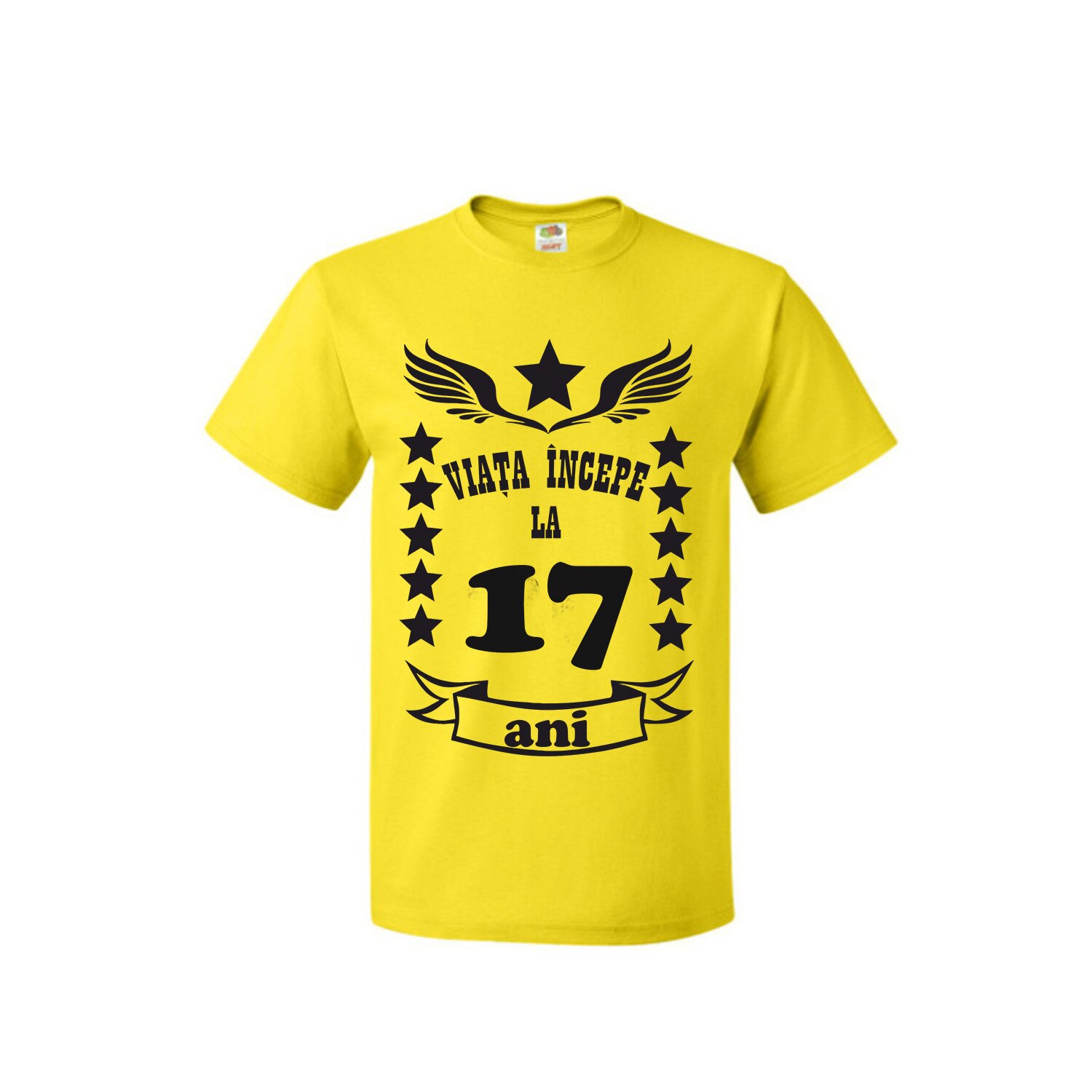 Tricou barbat imprimeu Fruit of the loom aniversare Viata incepe la 17 ani ,galben, S