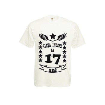 Tricou barbat imprimeu Fruit of the loom aniversare Viata incepe la 17 ani,alb, XL Tricou barbat imprimeu Fruit of the loom aniversare Viata incepe la 17 ani,alb, XL