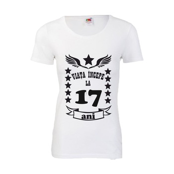 Tricou dama imprimeu Fruit of the loom aniversare Viata incepe la 17 ani ,alb, M Tricou dama imprimeu Fruit of the loom aniversare Viata incepe la 17 ani ,alb, M