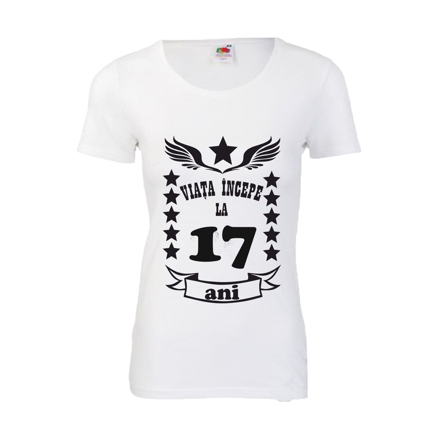 Tricou dama imprimeu Fruit of the loom aniversare Viata incepe la 17 ani ,alb, S
